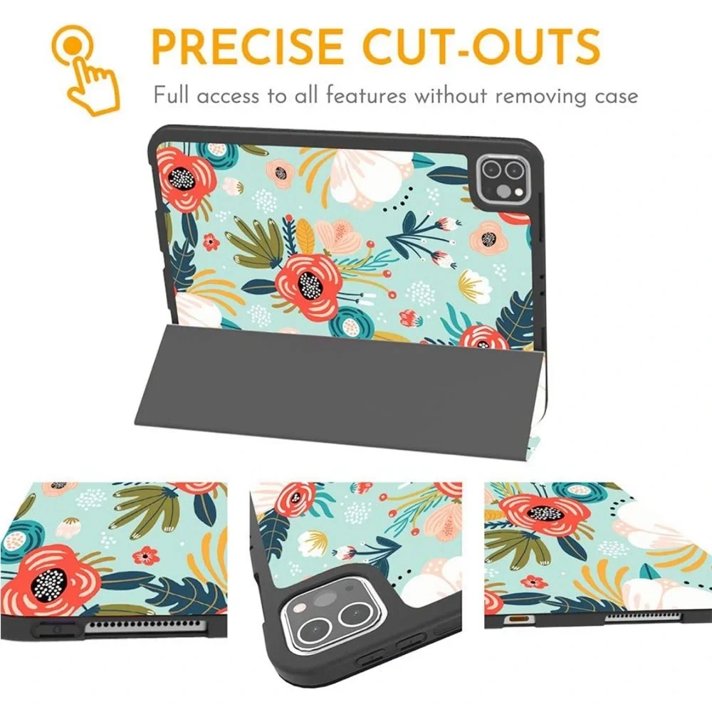 iPad Pro 11 Inch Case Flower with Pencil Holder, Floral TealProtective Cover